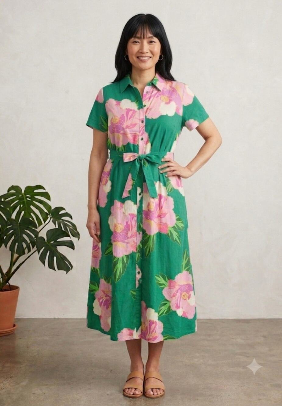 CeCe Green/Pink Floral Collared Shirt Dress Button Front Belted Midi L